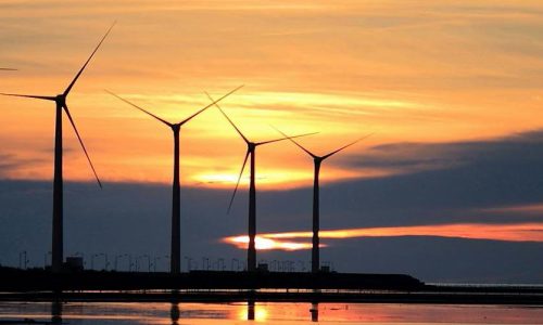 Windmills at sundown