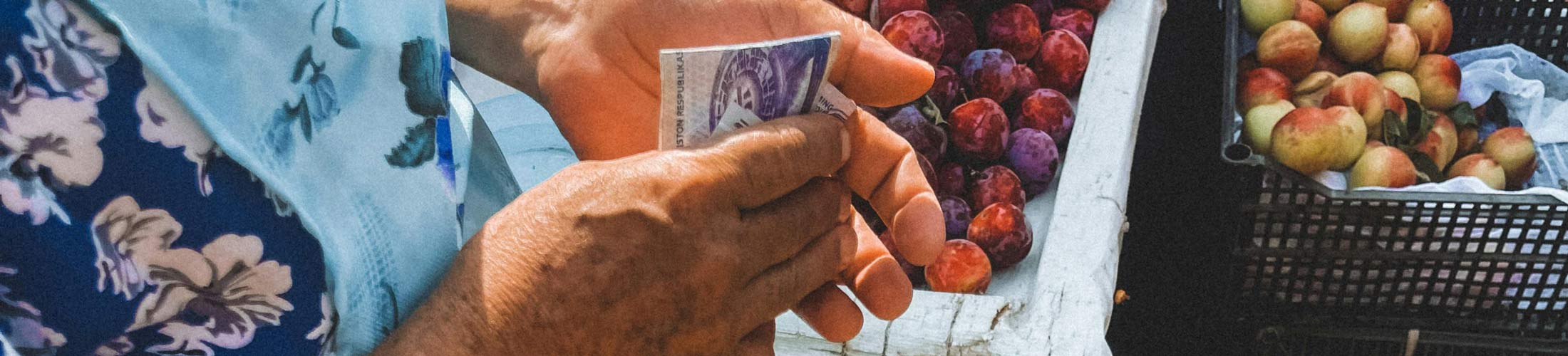 Woman counting money at a fruit stand