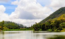 Lush green terraced hills surrounding a tranquil lake under a partly cloudy sky.