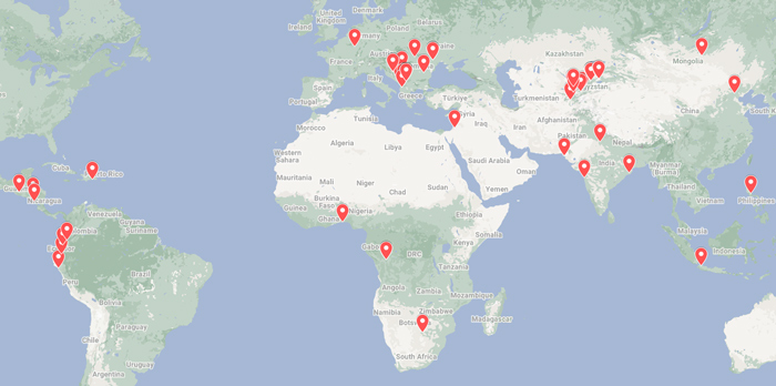 World map showing the countries in which the GLS AI –Microfinance Fund is invested